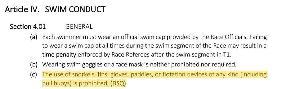 Ironman rules on using a snorkel in a triathlon race
